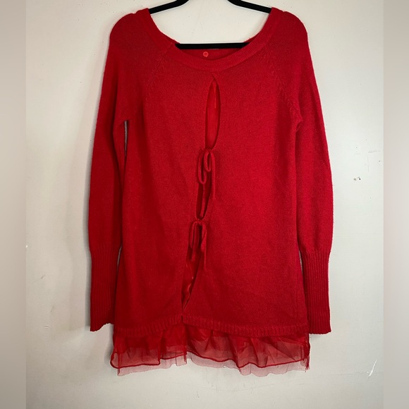 Anthropologie Knitted & Knotted Red Tie Back Tunic Sweater - Picture 2 of 9